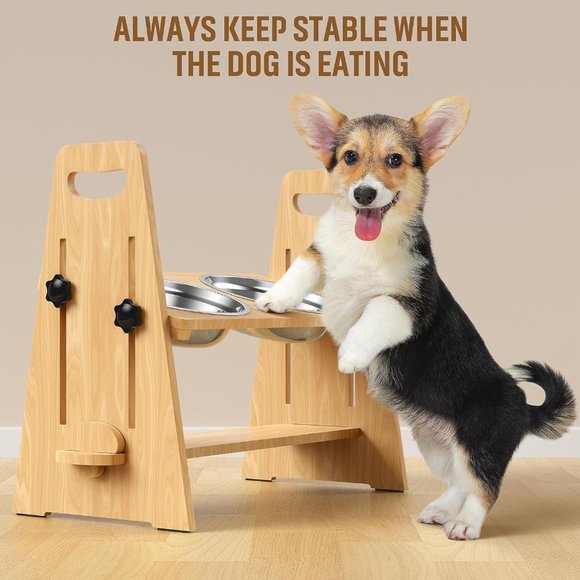 NEW-Elevated Adjustable Wooden Dog Bowls Stand with Stainless Steel Dog Bowls - Picture 1 of 5